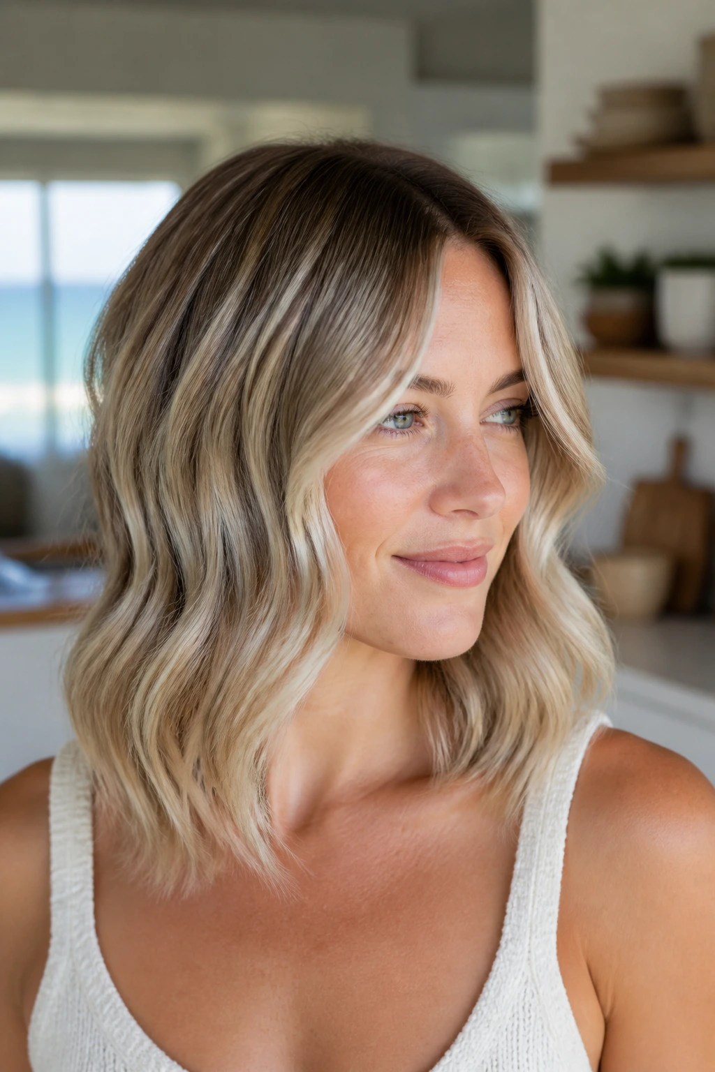 Close-up portrait of a real woman with ash ribbon blonde beach waves.