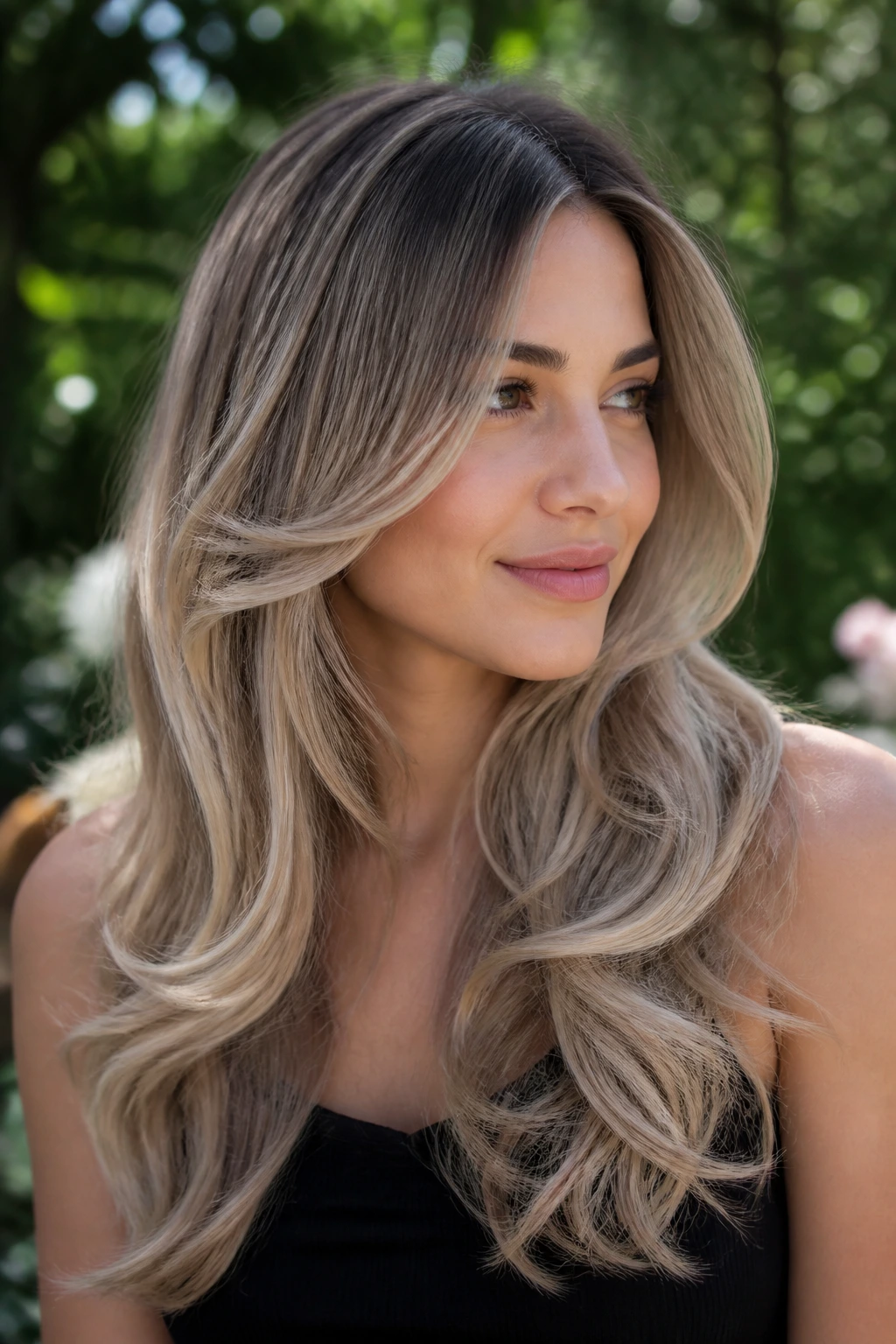 Close-up of a real woman with ash-rooted long layers and curled ends outdoors