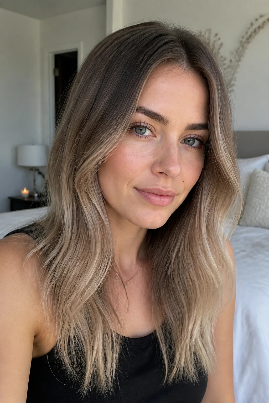 Close-up of a woman with ash-rooted sombre hair in natural daylight