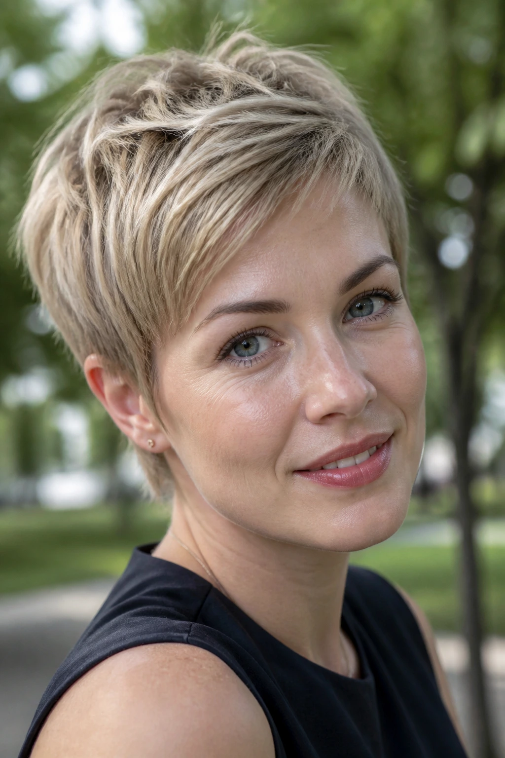 Close-up of a pixie haircut in ash-leaning sandy tones