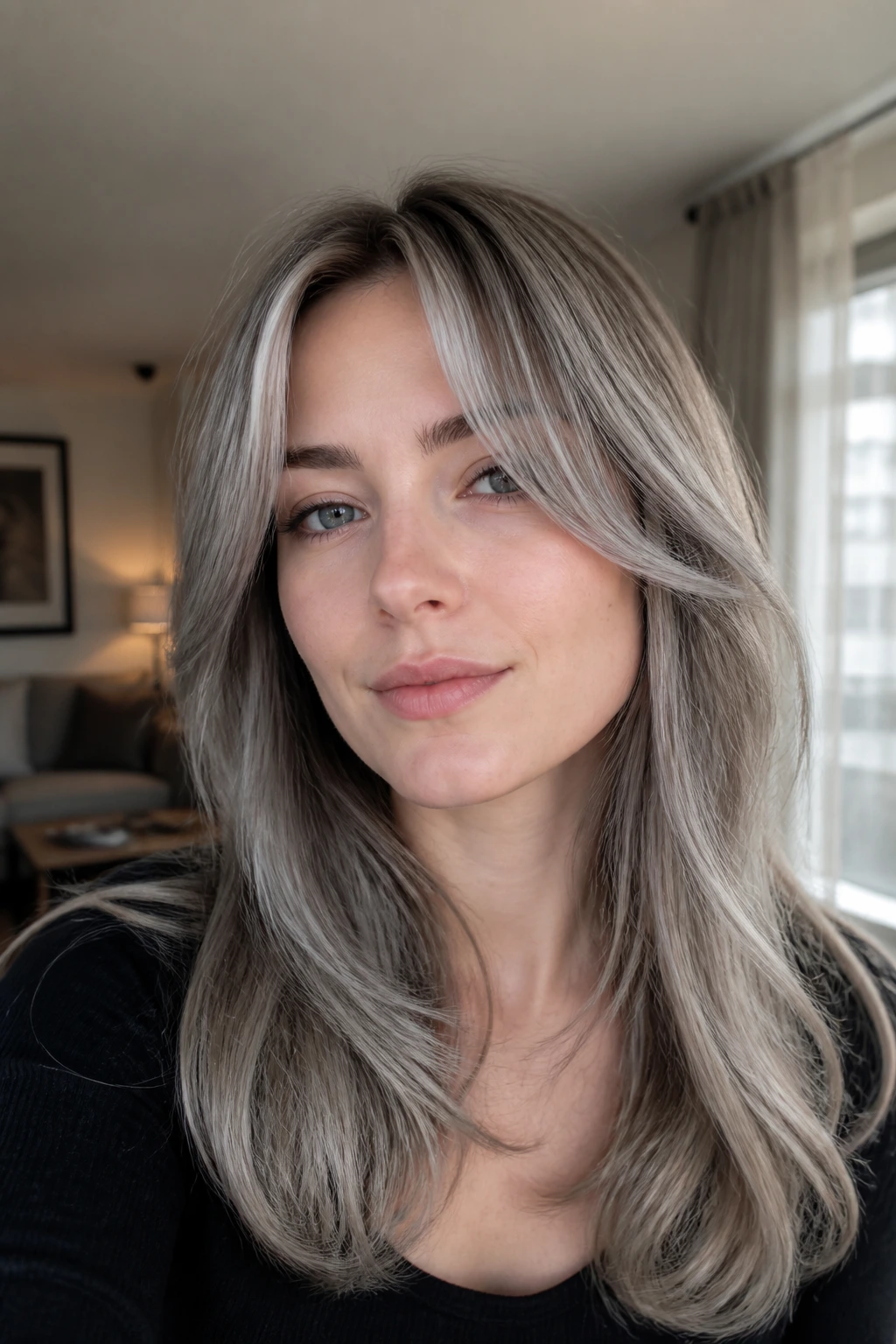 Close-up of a woman with ash-silver curtain bangs and long layered hair
