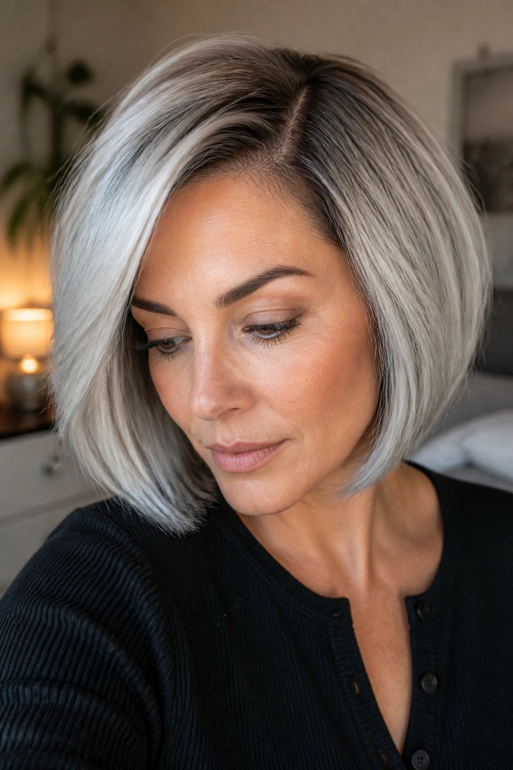 Real woman with chin-grazing ash-silver lace-front bob, side part