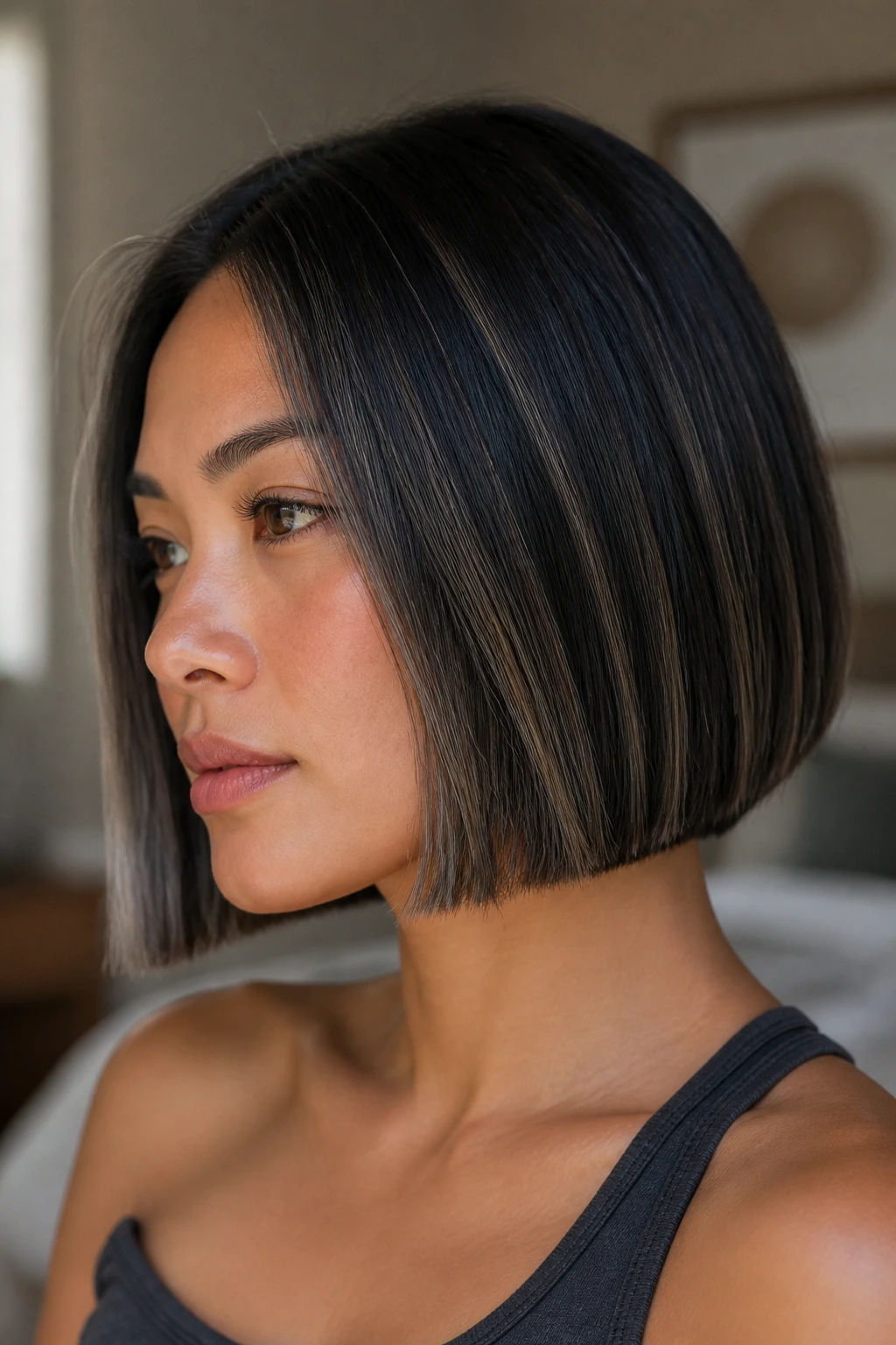 Close-up of a blunt bob with ultra-fine ash highlights tucked under the top layer.