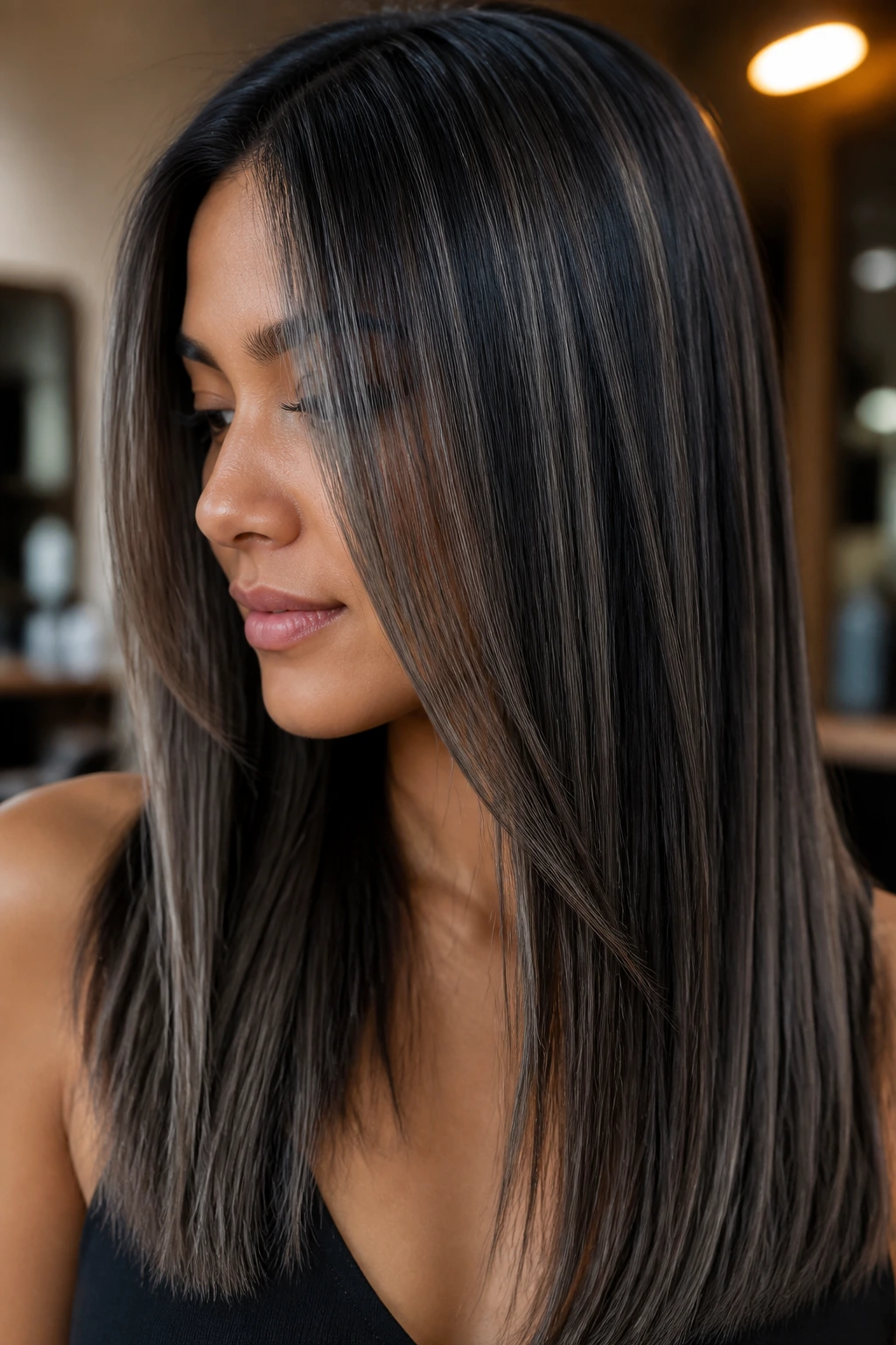 Close-up of woven ash slices in straight hair on a real person