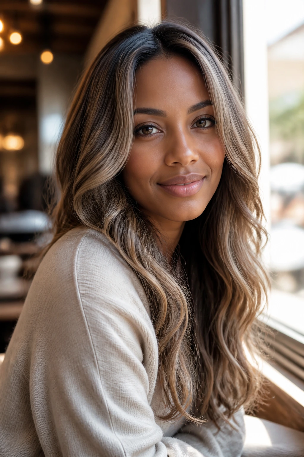 Close-up portrait of a real woman with ash-soft beige hair flattering warm undertones