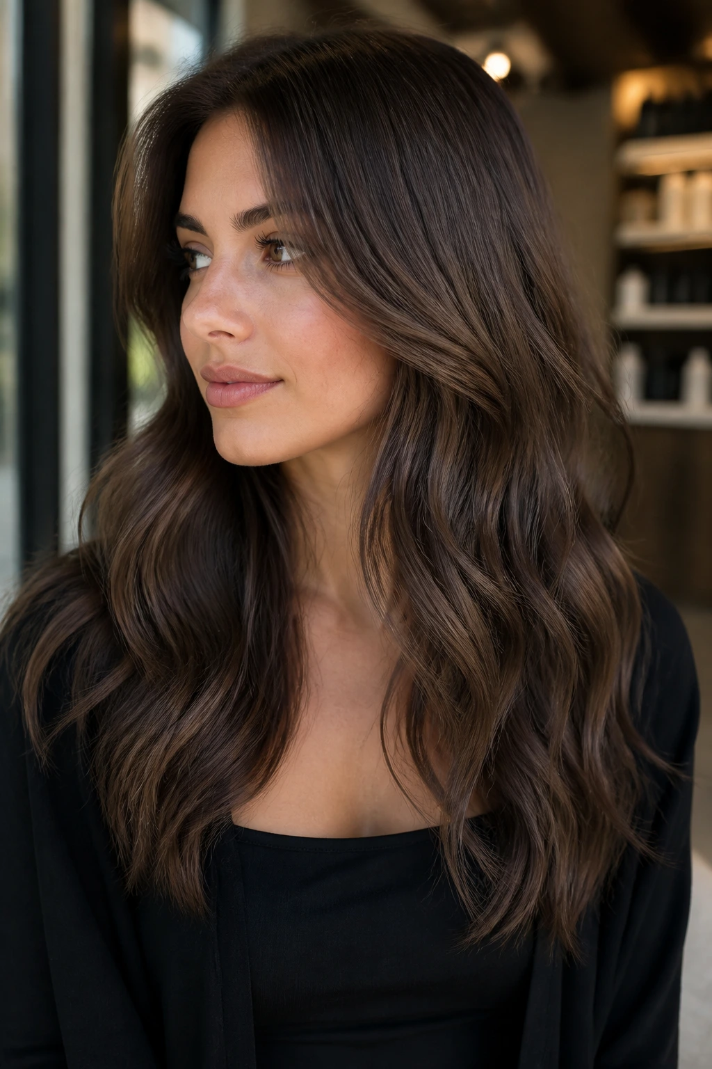 Brunette with balanced ash tone matching base color in soft daylight