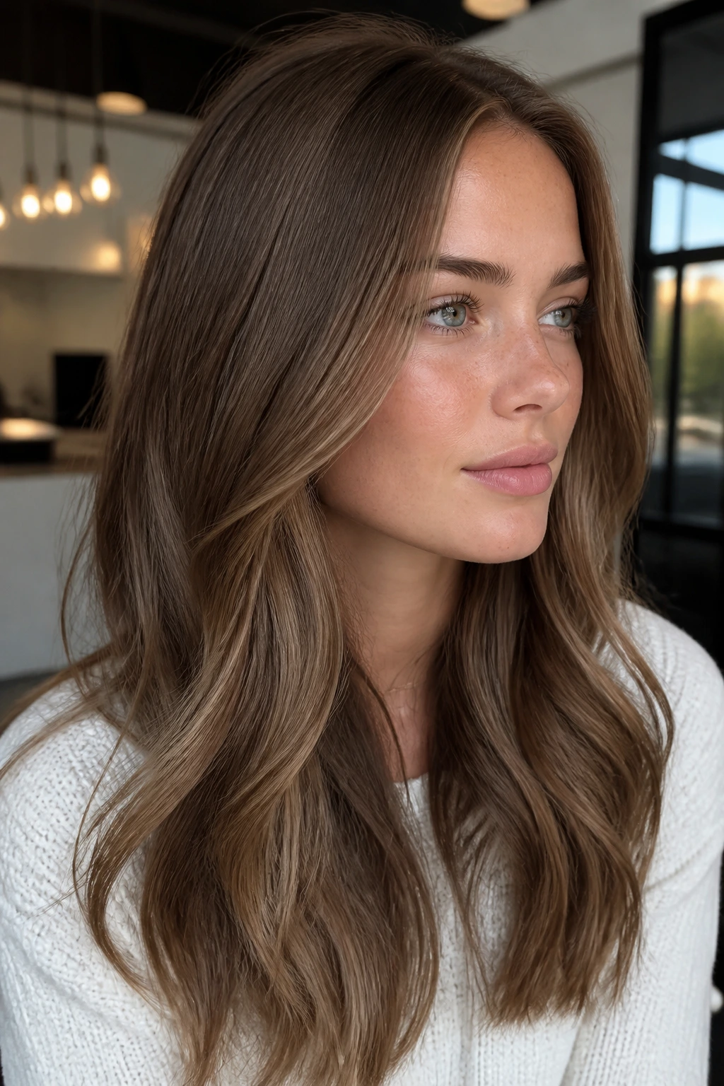 Portrait of a real woman with ash-toned caramel brown hair