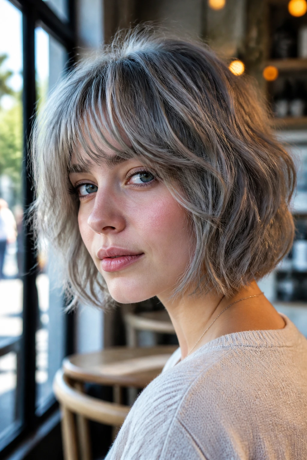 Close-up of ash toned, textured hair highlighting cool undertones