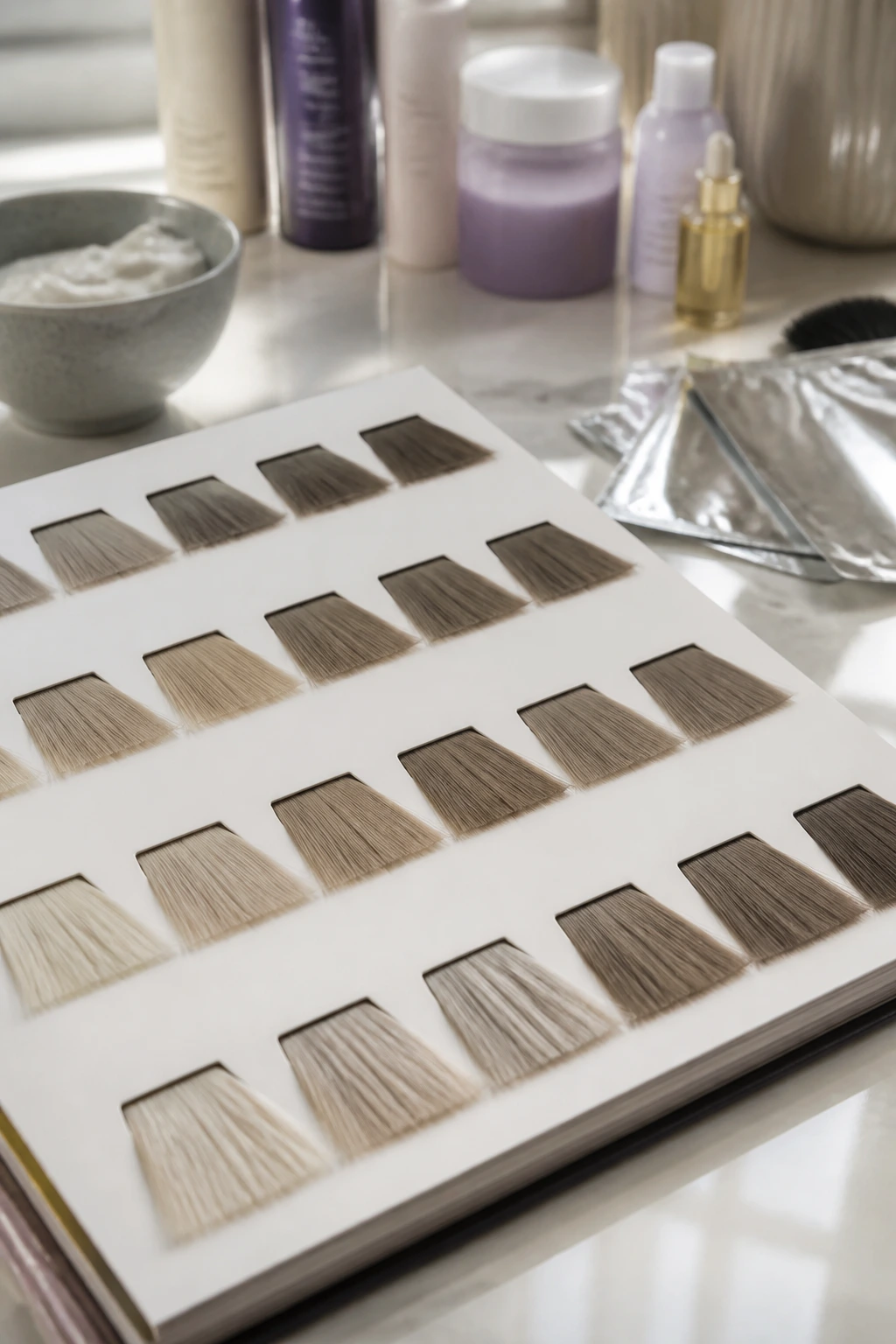 Open color swatch book on a salon counter showing ash tones