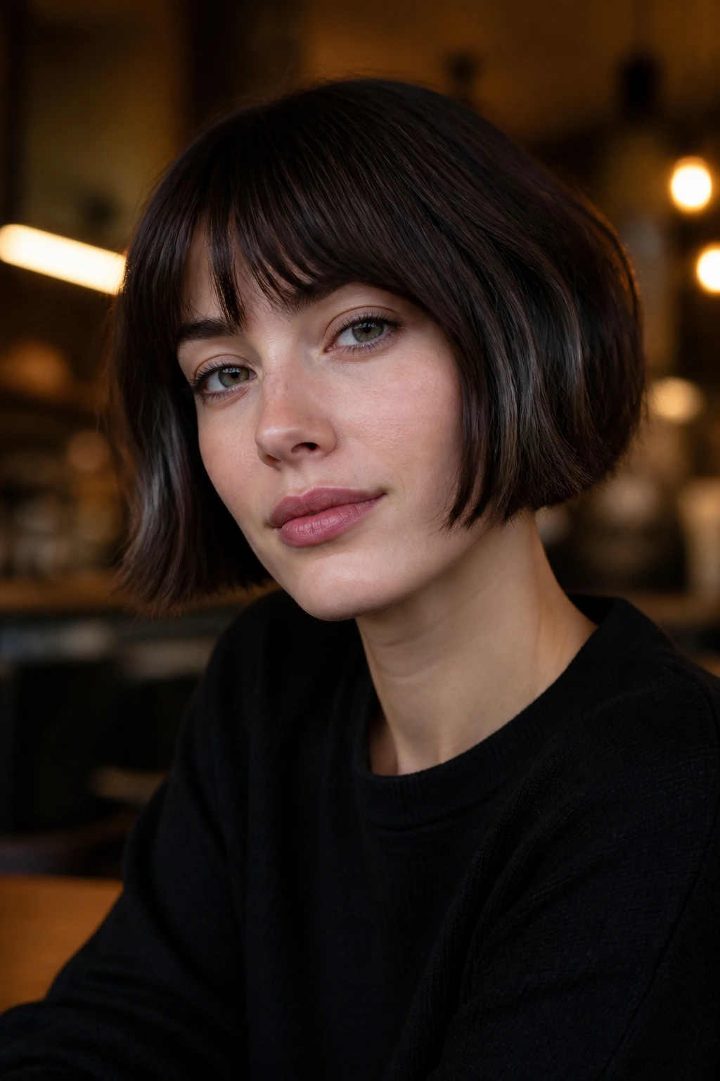 Close-up of a real person with a French bob and ash interior lowlights in soft cafe lighting.