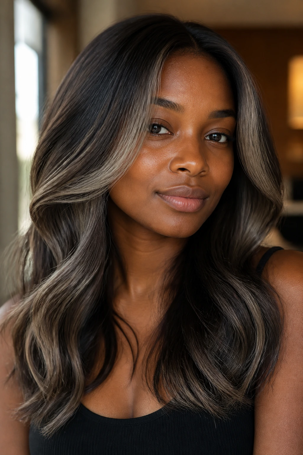 Close-up portrait showing ash walnut hair with a light face frame around the cheeks.