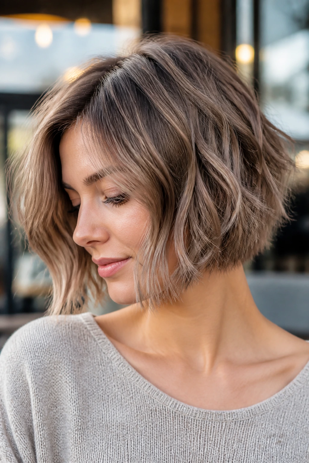 Close-up portrait of a real woman with ash-brown textured bob and piecey waves