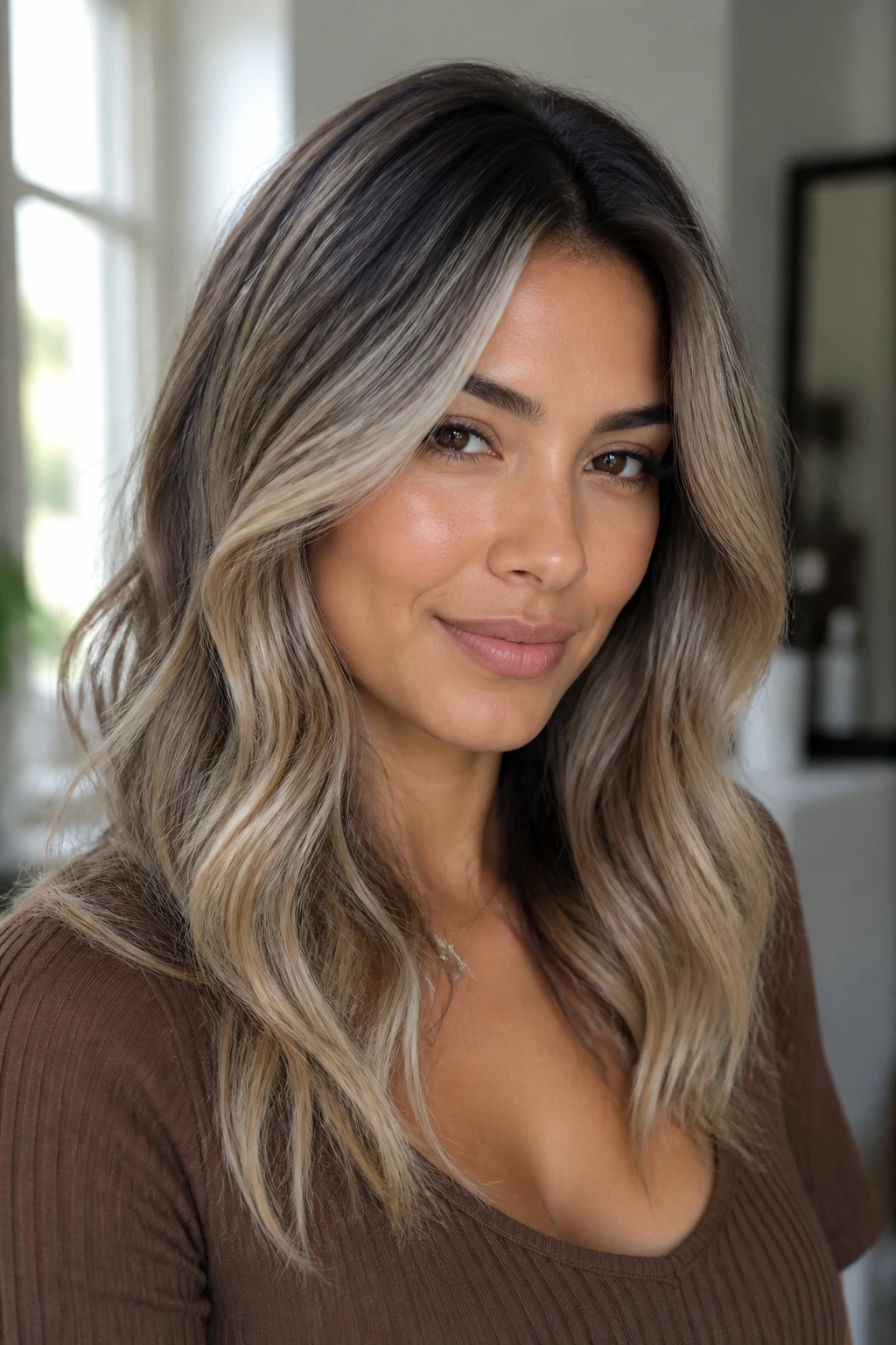 Close-up portrait showing ashy blonde balayage on medium skin with shadow root and beige ends.