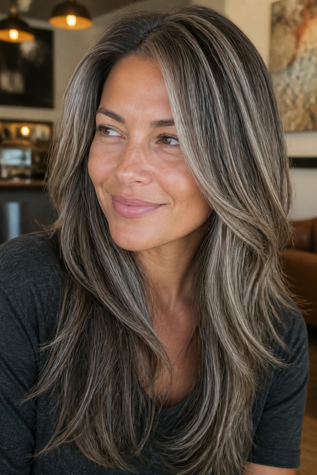 Close-up of a real woman with Ashy Beige Ribbon Highlights in long layered hair.