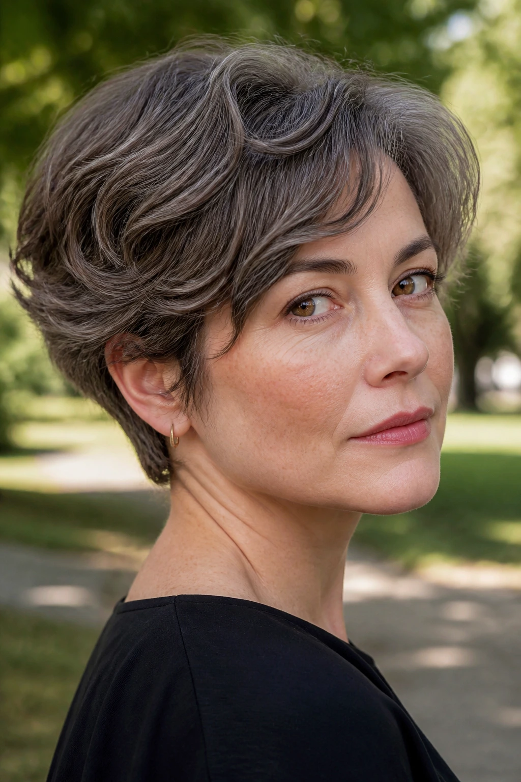 Real woman with ashy wavy bixie hairstyle in park sunlight