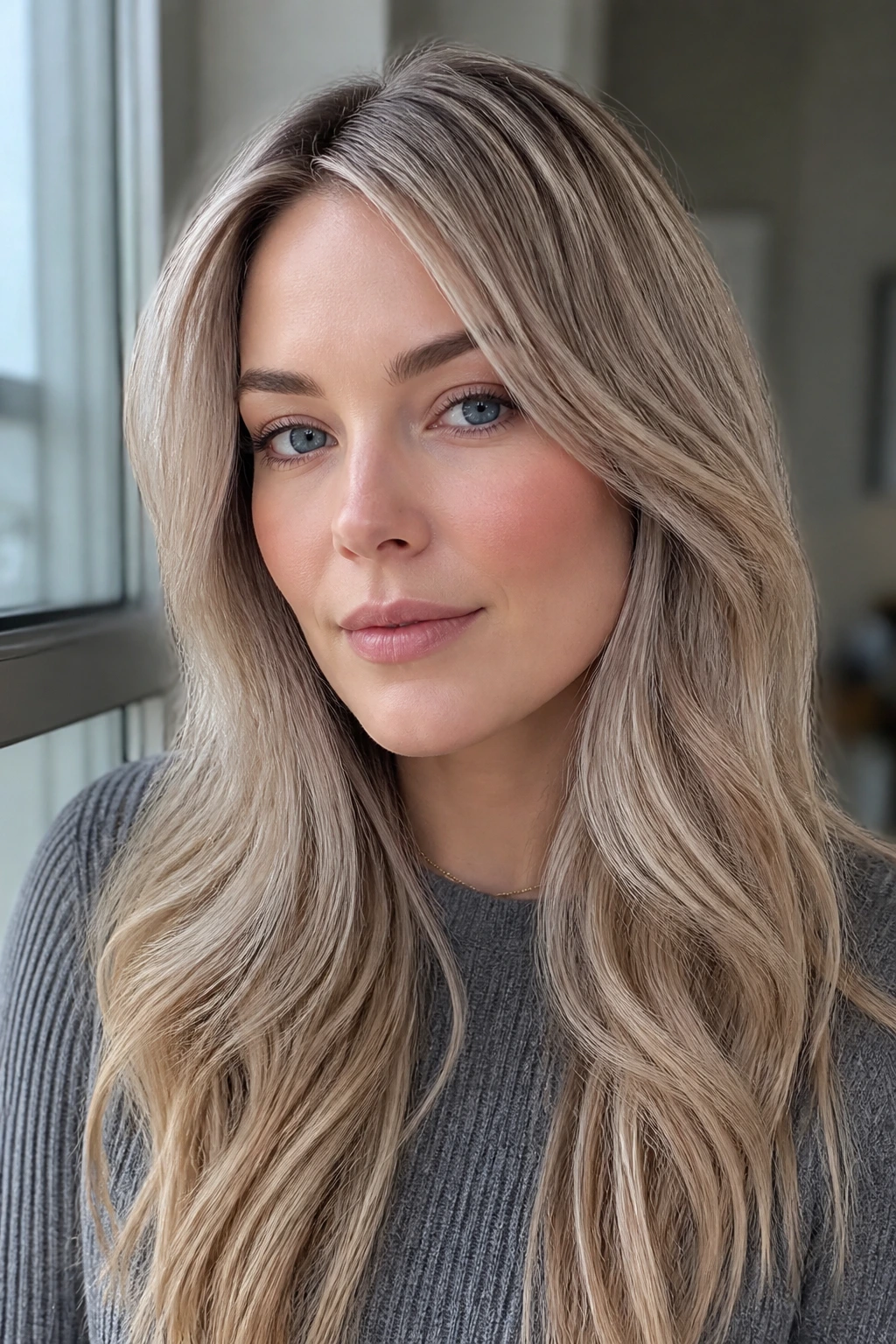 Close-up portrait of a woman with ash blonde hair and cool undertones