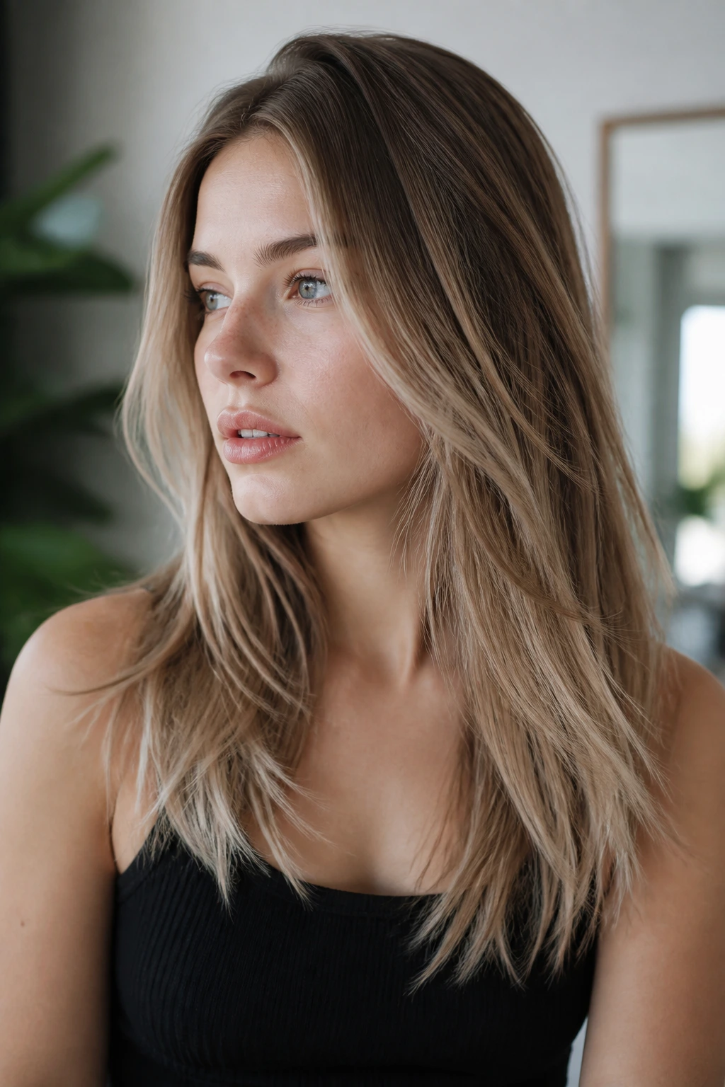 Woman with ashy light brown hair and flaxen ends in soft light