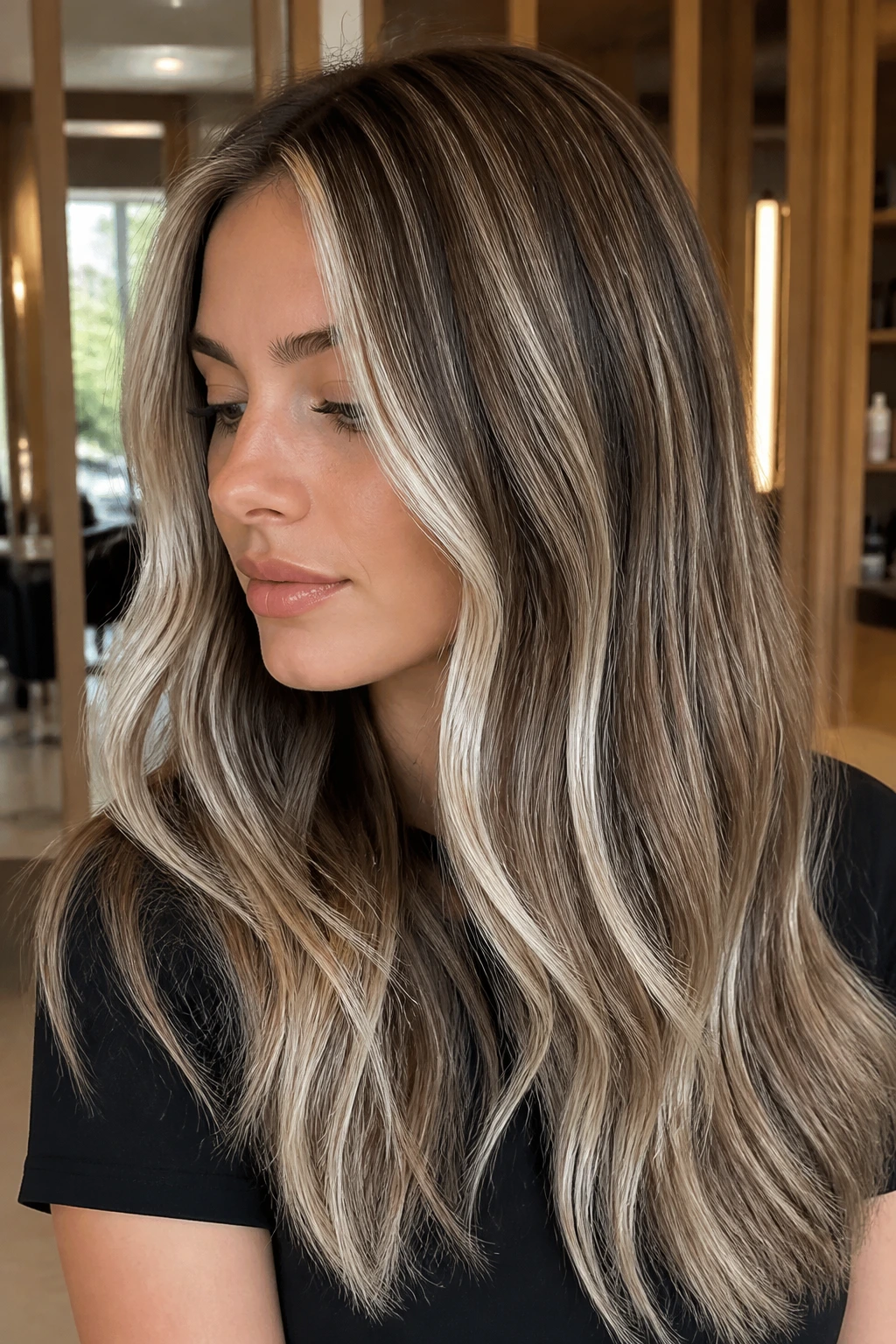 Close-up of a real woman with ash-brown hair and platinum streaks around the face in a sunny salon