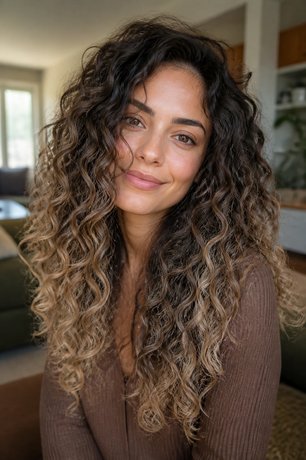 Close-up of a real woman with ashy brown melt curls and beige ends, natural window light