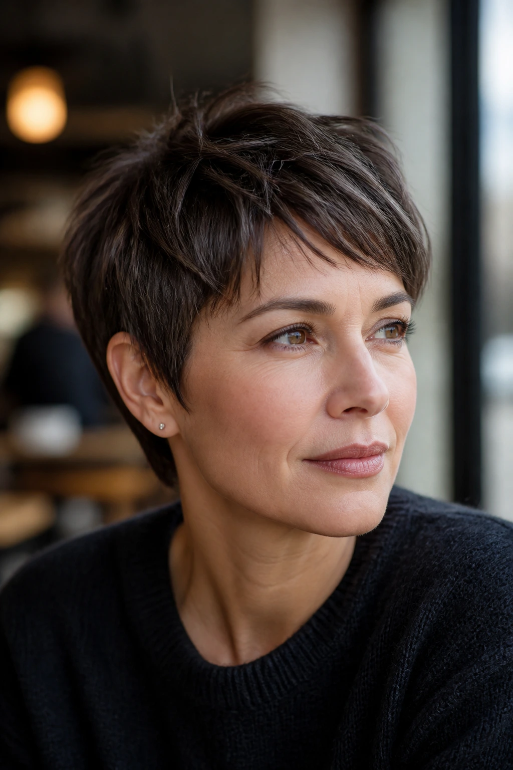 Close-up of a pixie-cut brunette with ash-brown tones