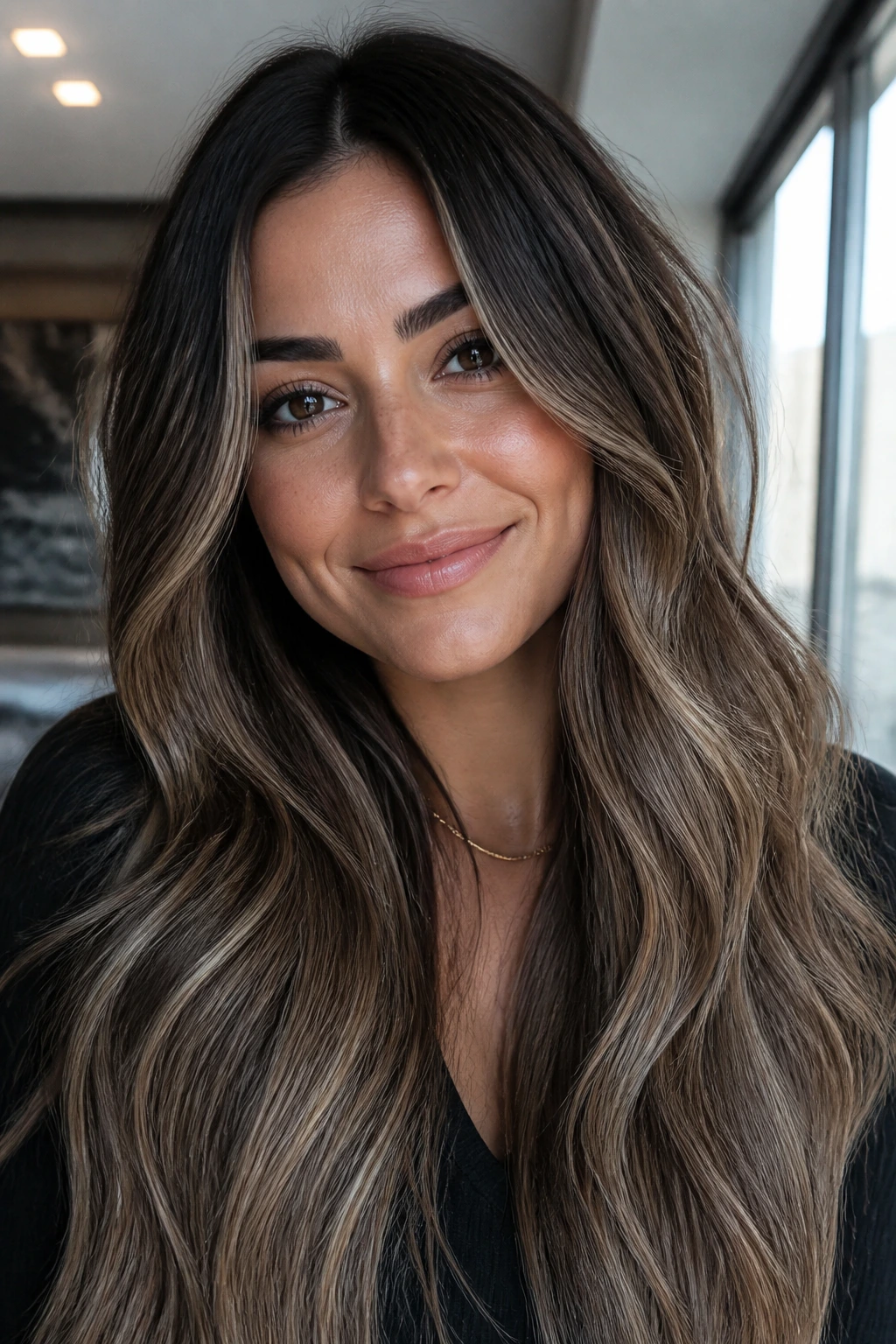 Close-up of ashy brunette hair with sandy caramel highlights in cool daylight.