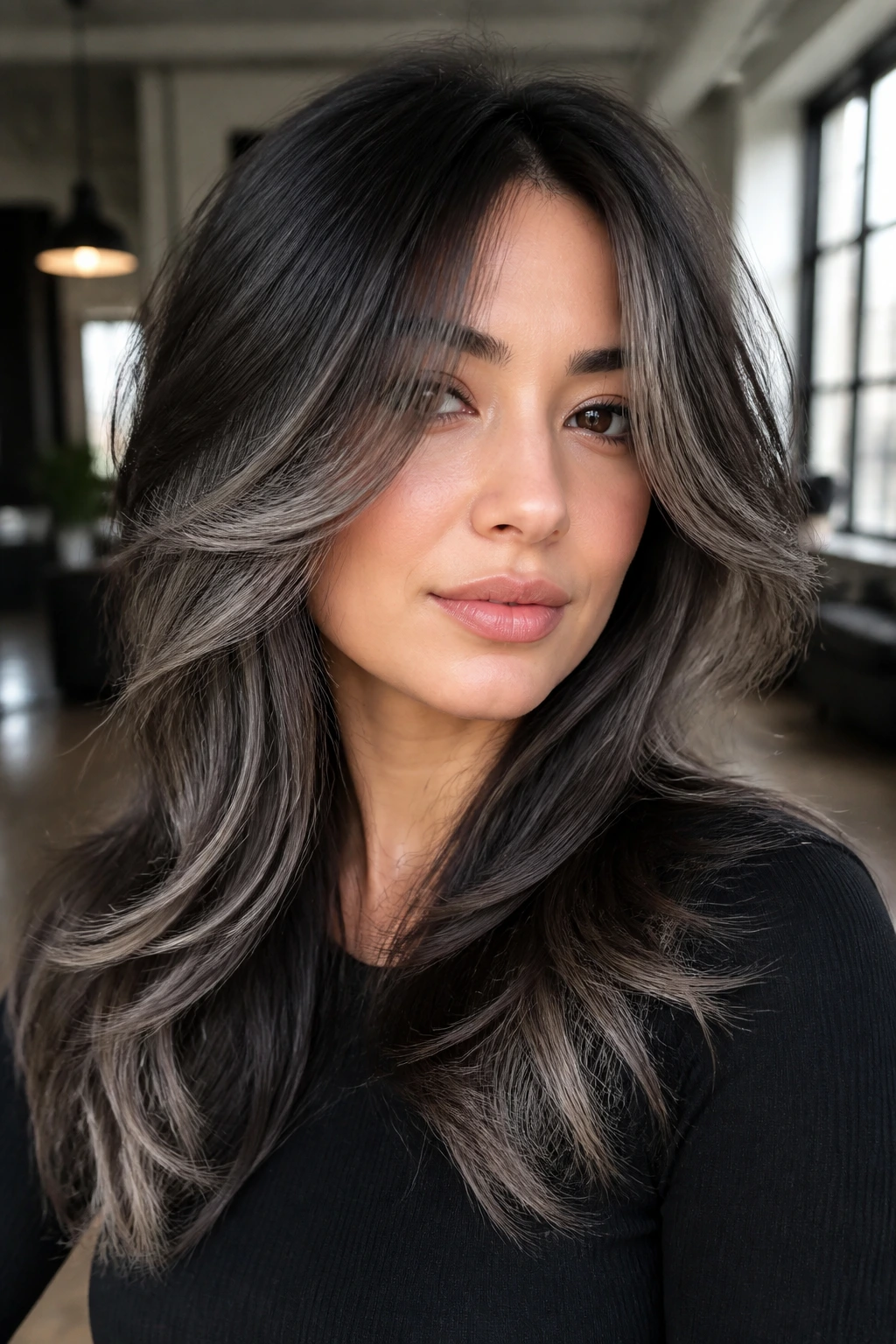 Close-up of a real woman with an ashy butterfly cut and grey balayage.