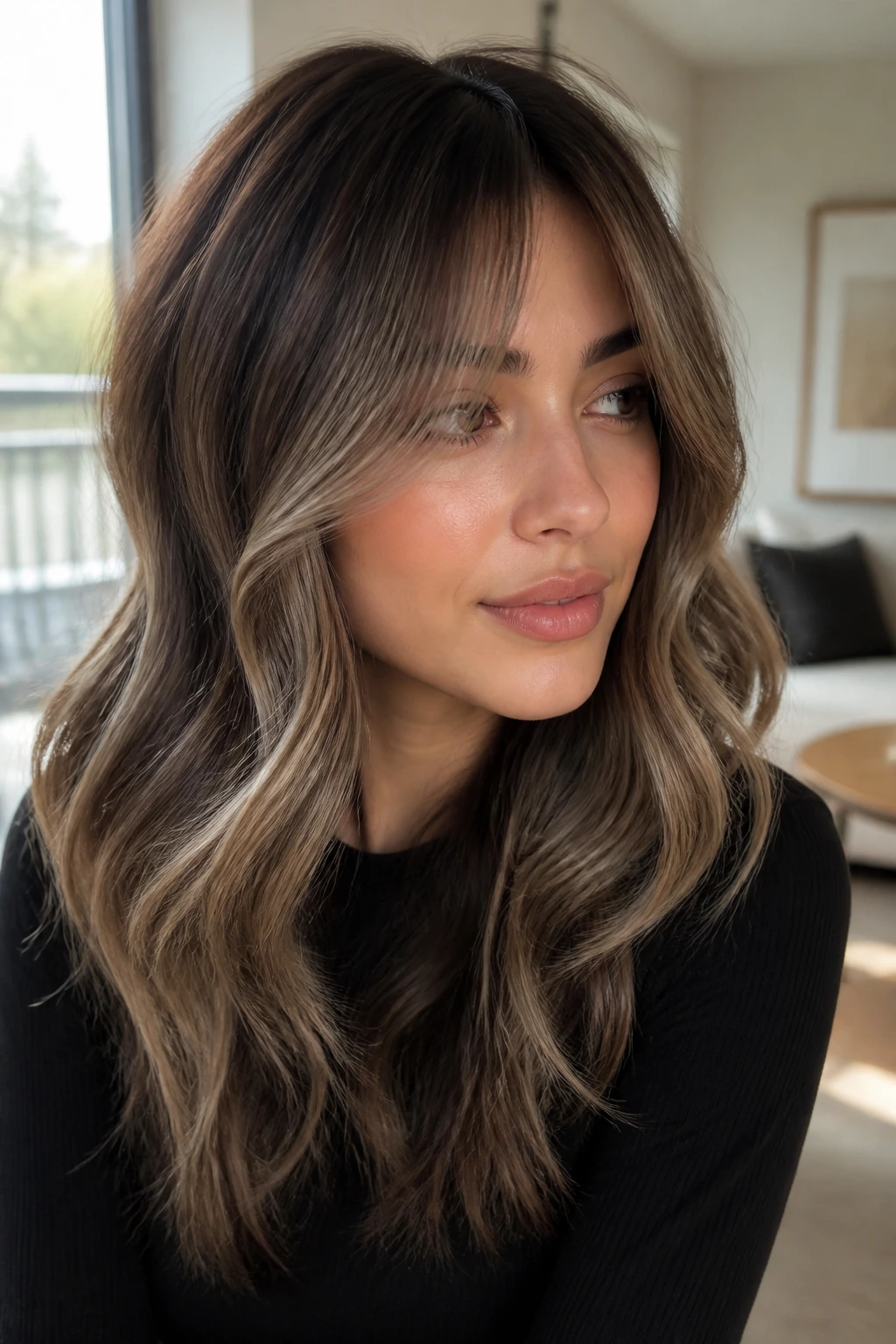 Close-up of a woman with ashy caramel balayage and curtain bangs in bright window light