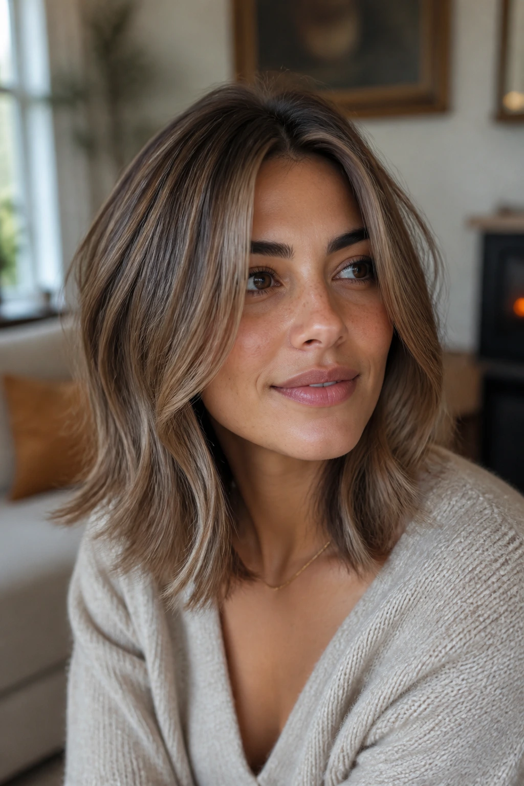 Close-up portrait of a real woman with ashy caramel lob and woven caramel highlights on olive skin, natural window light.