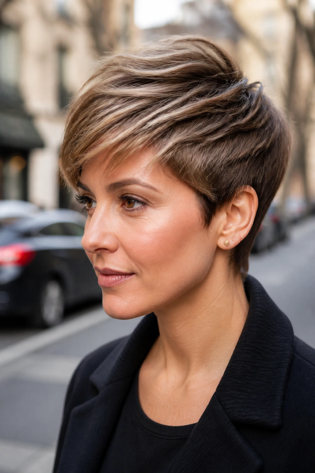 Close-up of a real woman with ashy caramel pixie pieces