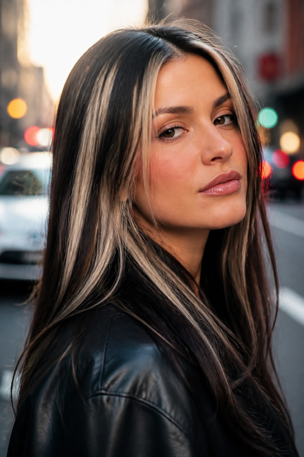 Close-up of a woman with ashy chunky highlights in a 90s style on dark hair