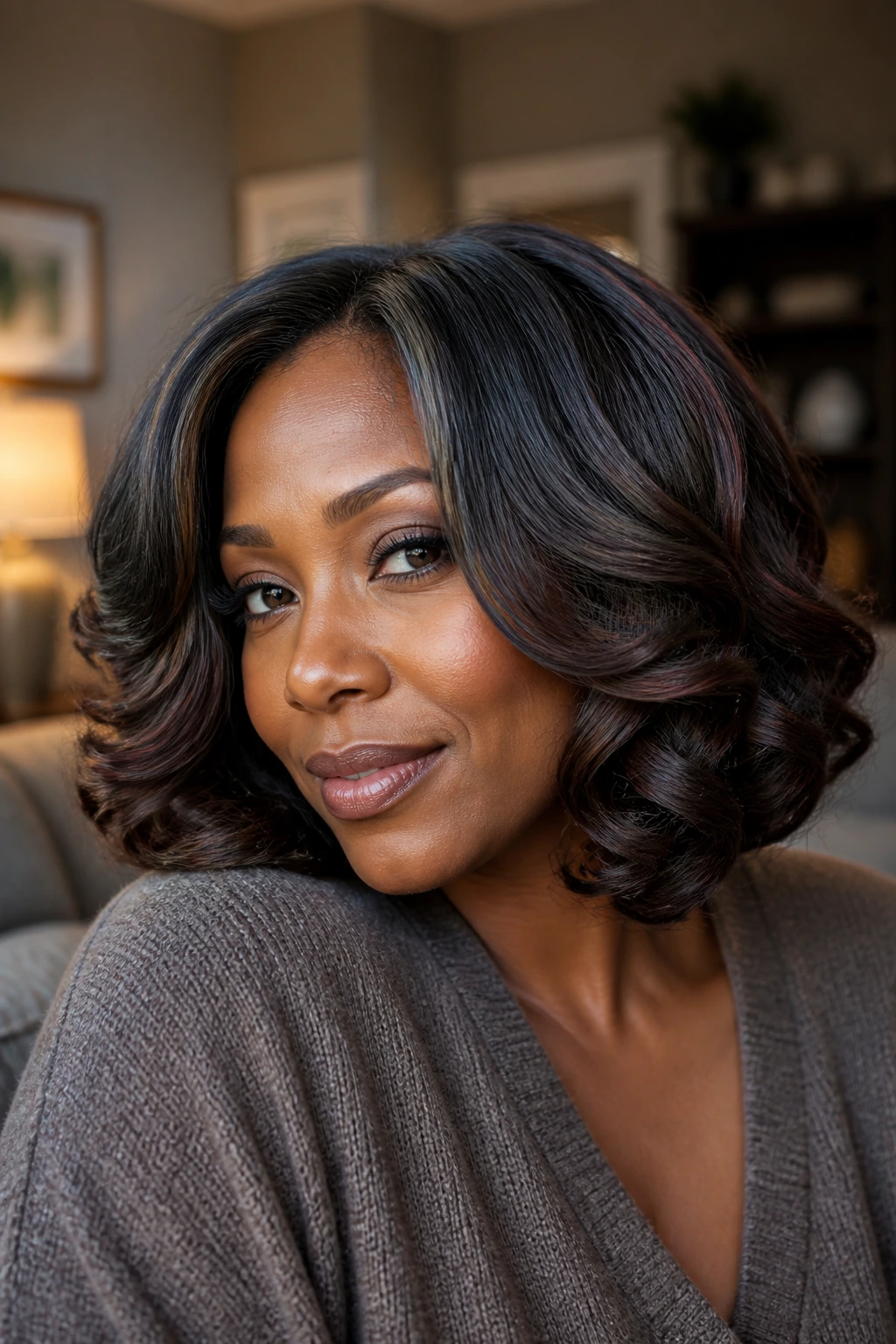Real woman with ash-gray cinnamon-black blend showing warm cinnamon peeking through