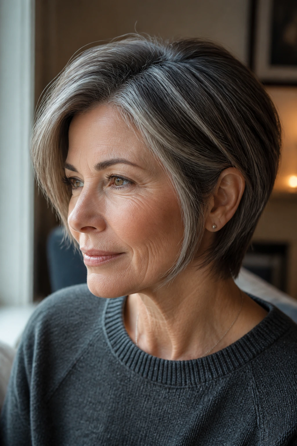 Real woman with ashy contour highlights around part and temples on brunette hair