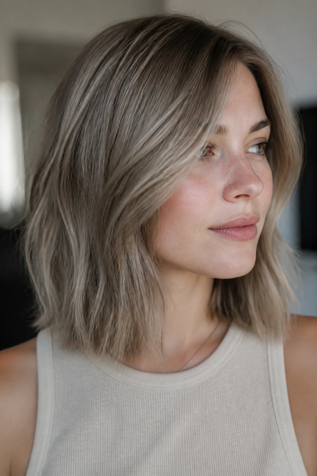 Close-up portrait of a person with ashy dark blonde lob on pale skin.