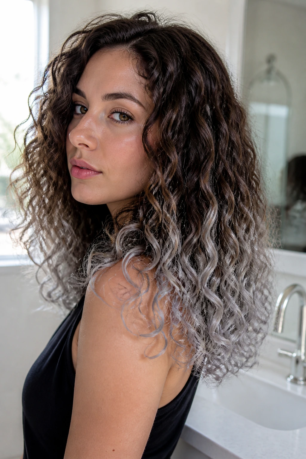 Close-up of brunette curls with ash-silver dip-dye on the lower half