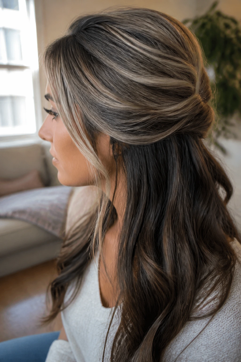 Ashy half-up twist on real woman with blonde crown
