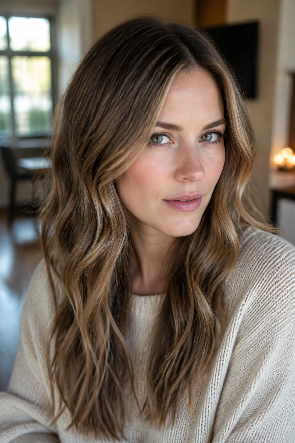 Close-up portrait of a real person with ashy honey highlights for dimension