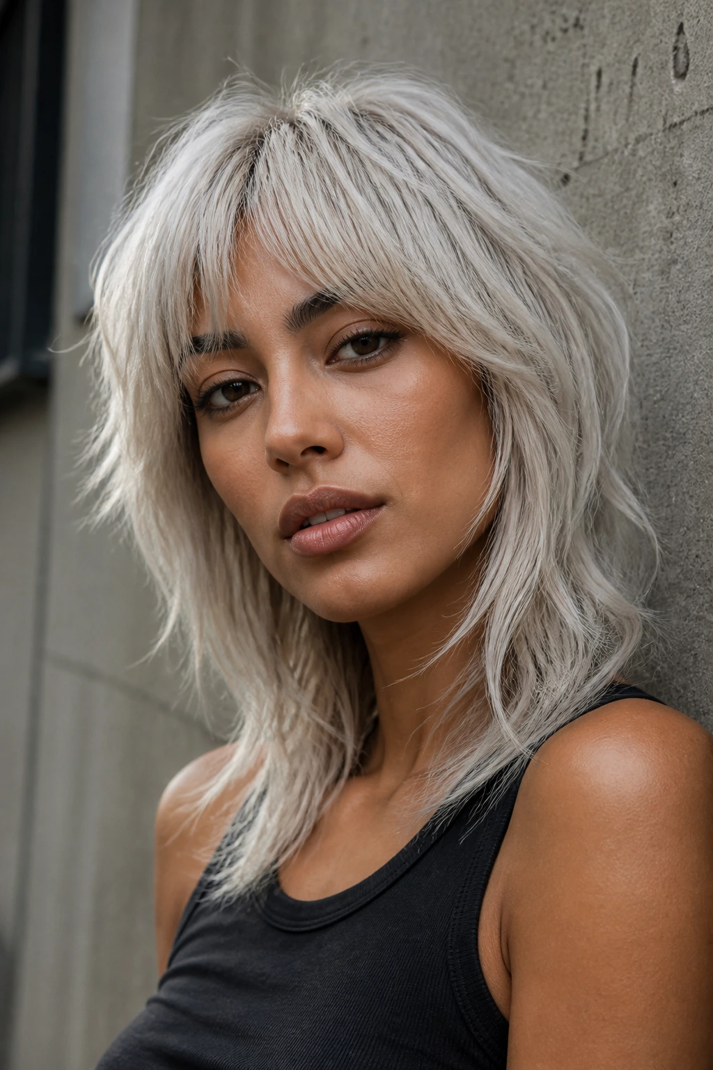 Close-up of woman with ash platinum shag hairstyle against urban backdrop