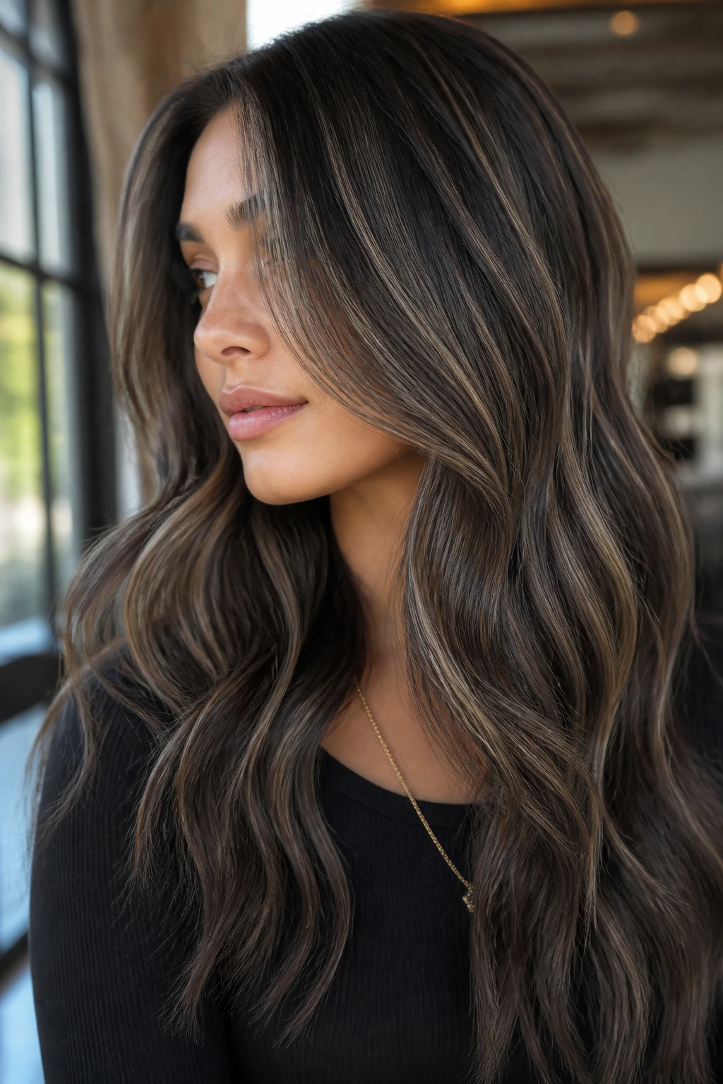 Brunette with thin ashy ribbon highlights catching light in window light