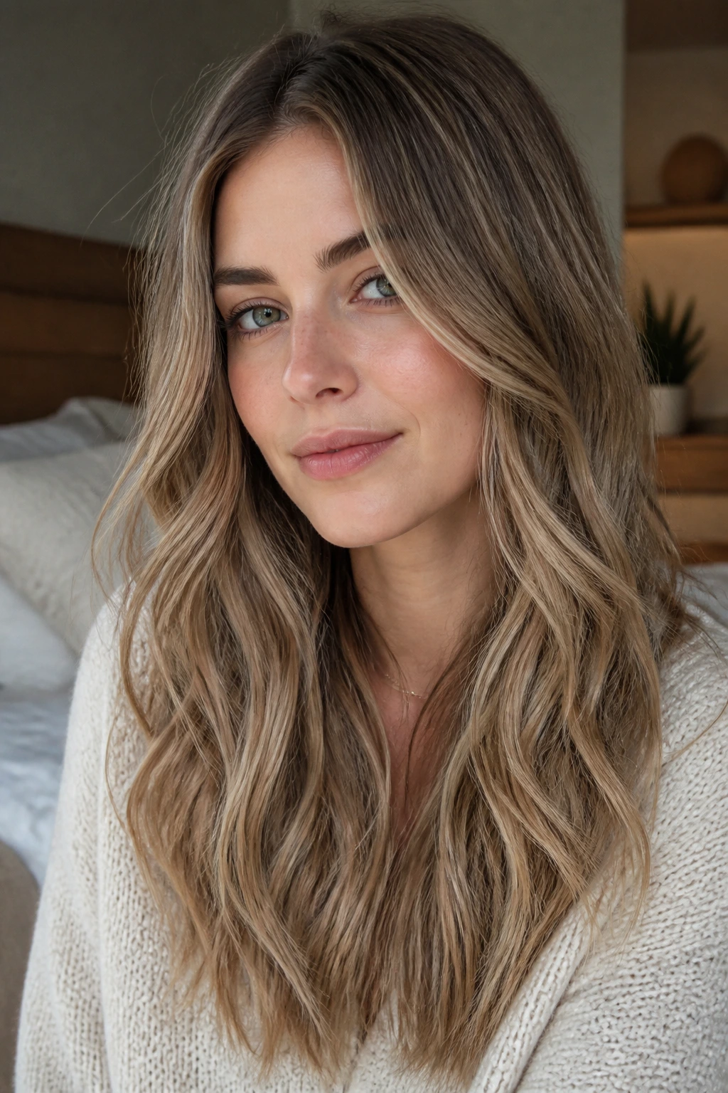 Close-up of a real woman with ashy sand bronde hair in natural window light.