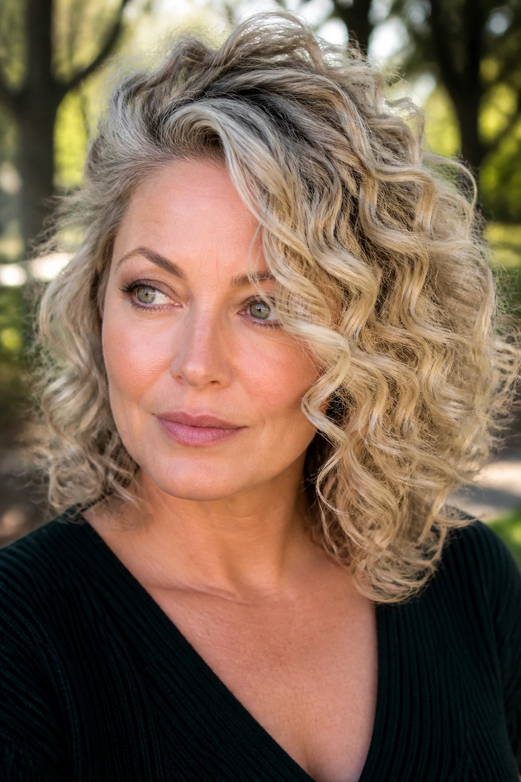Portrait of a woman with ashy side-part curls in cool blonde tones