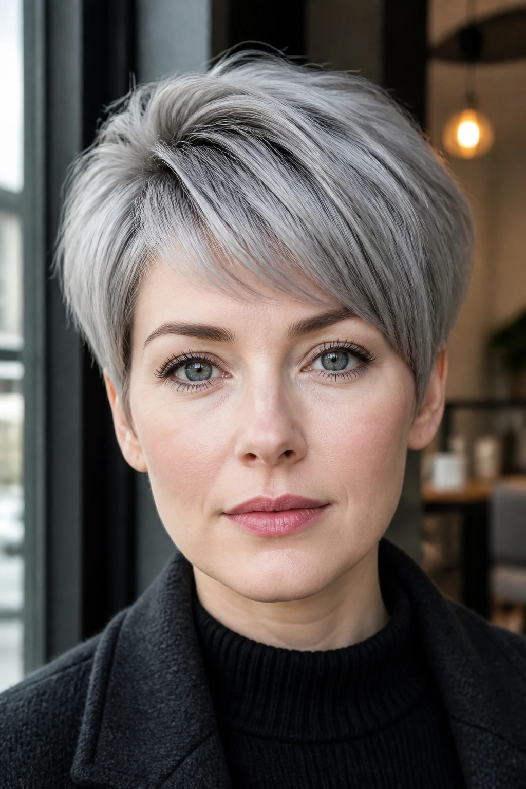 Close-up portrait of a woman with ashy silver pixie bob