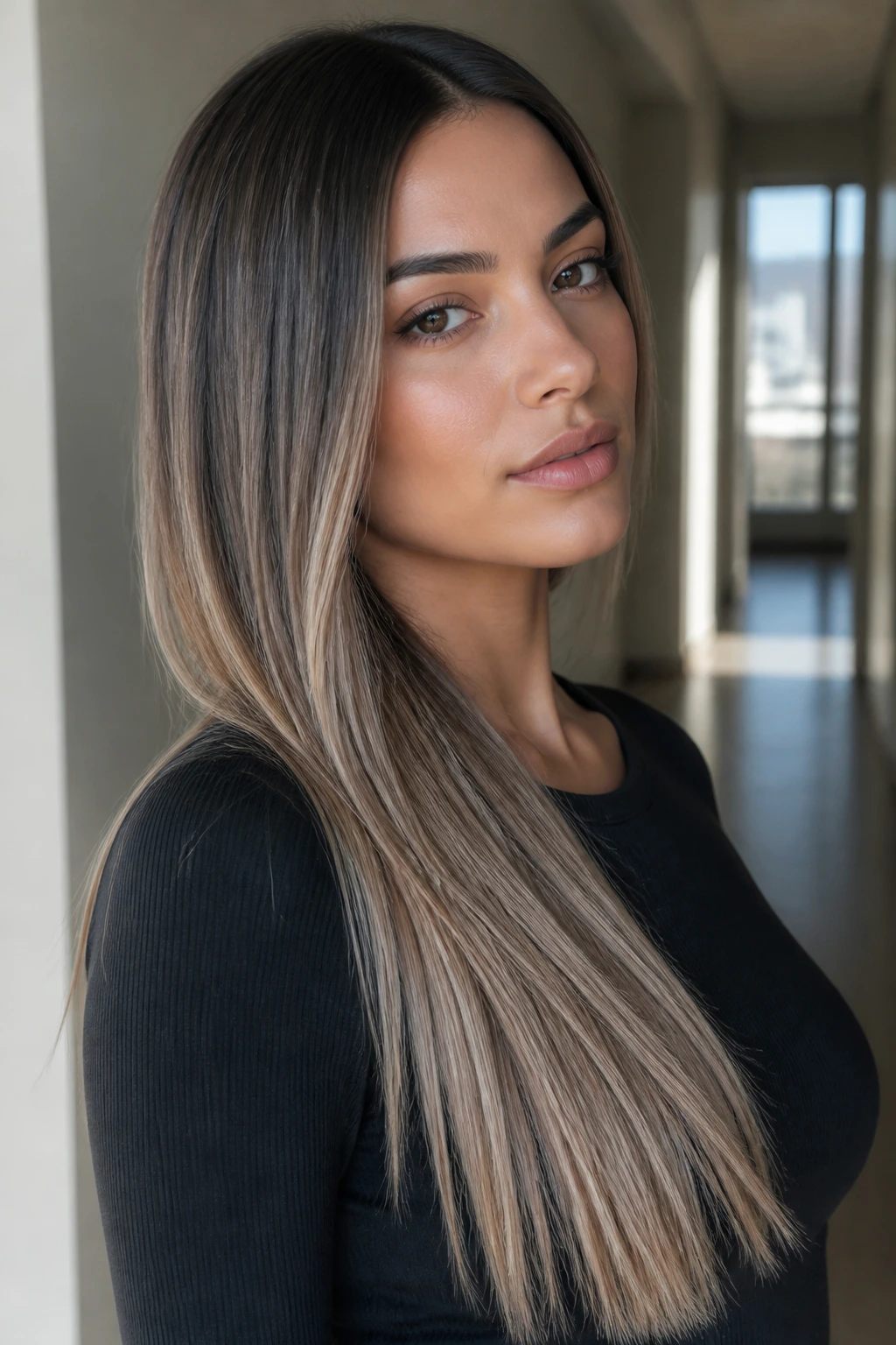 Close-up of real person with long ashy sombre hair gradient