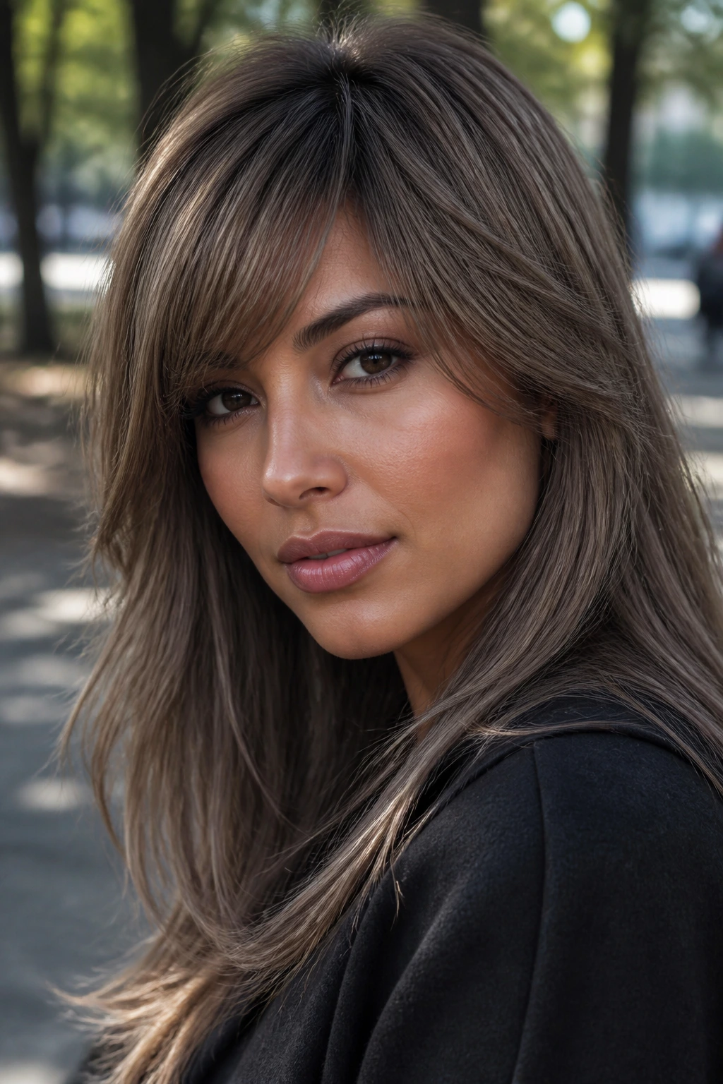 Close-up portrait of a real woman with ashy taupe brown base and soft highlights.