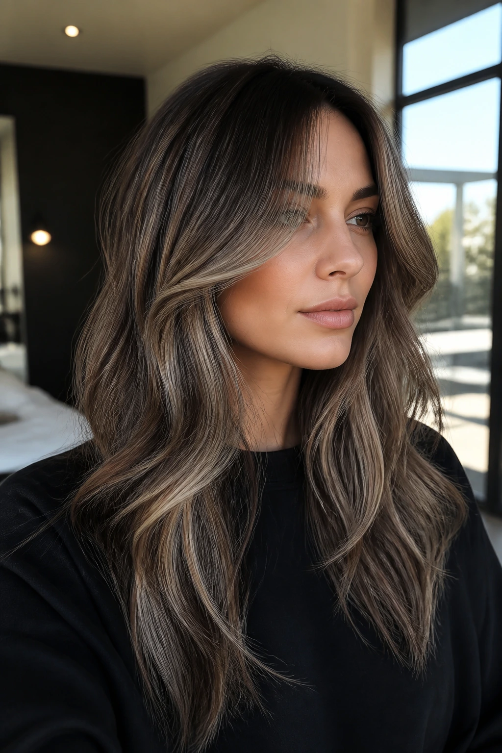 Portrait of brunette with ashy teasylights in long layers under soft diffused light