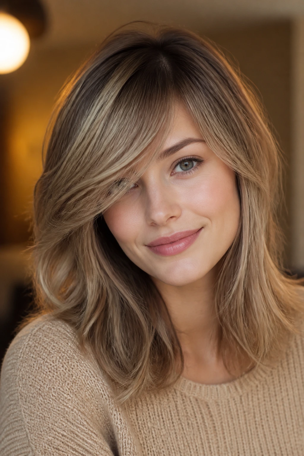 Portrait of a real person with ashy toffee balayage and diagonal fringe