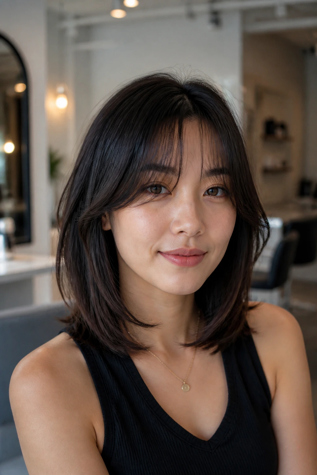 Close-up portrait of a real woman with a shoulder-length Asian curtain bob in a salon setting