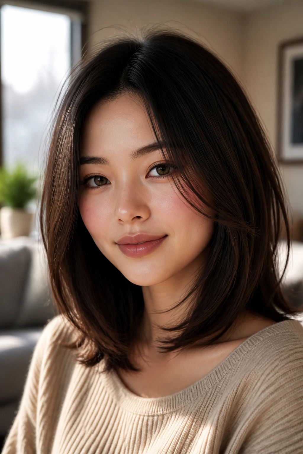 Close-up of a real person with a long Asian lob flattering a round face and thick hair