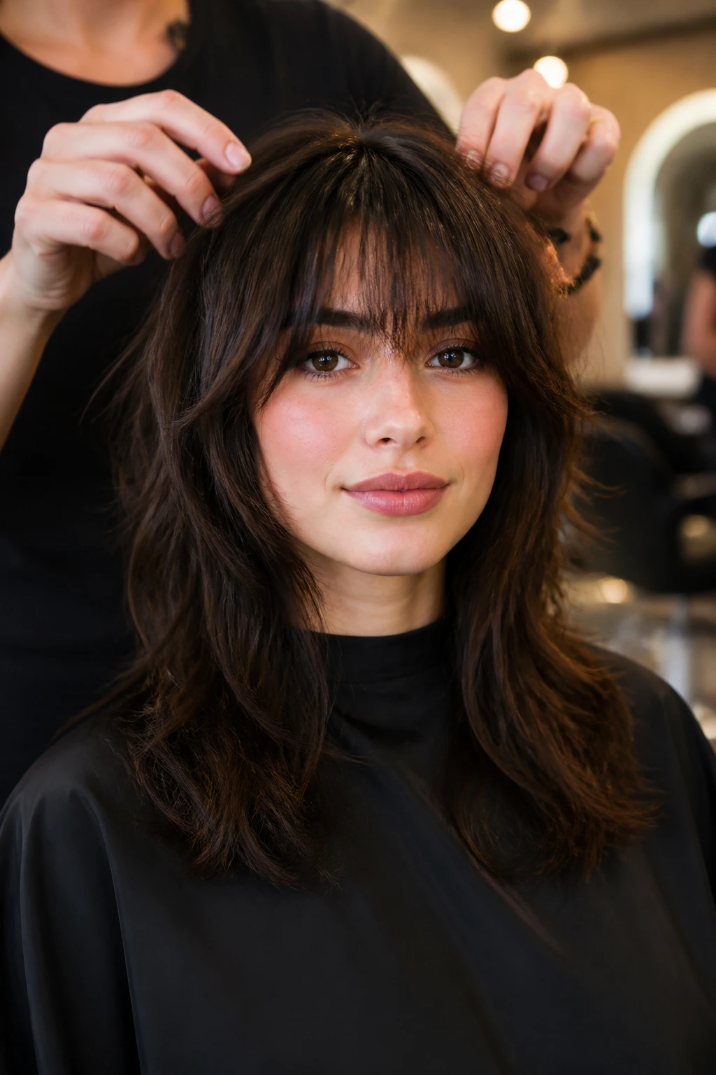 Close-up of a real person in a salon chair with bangs framed and stylist adjusting the fringe