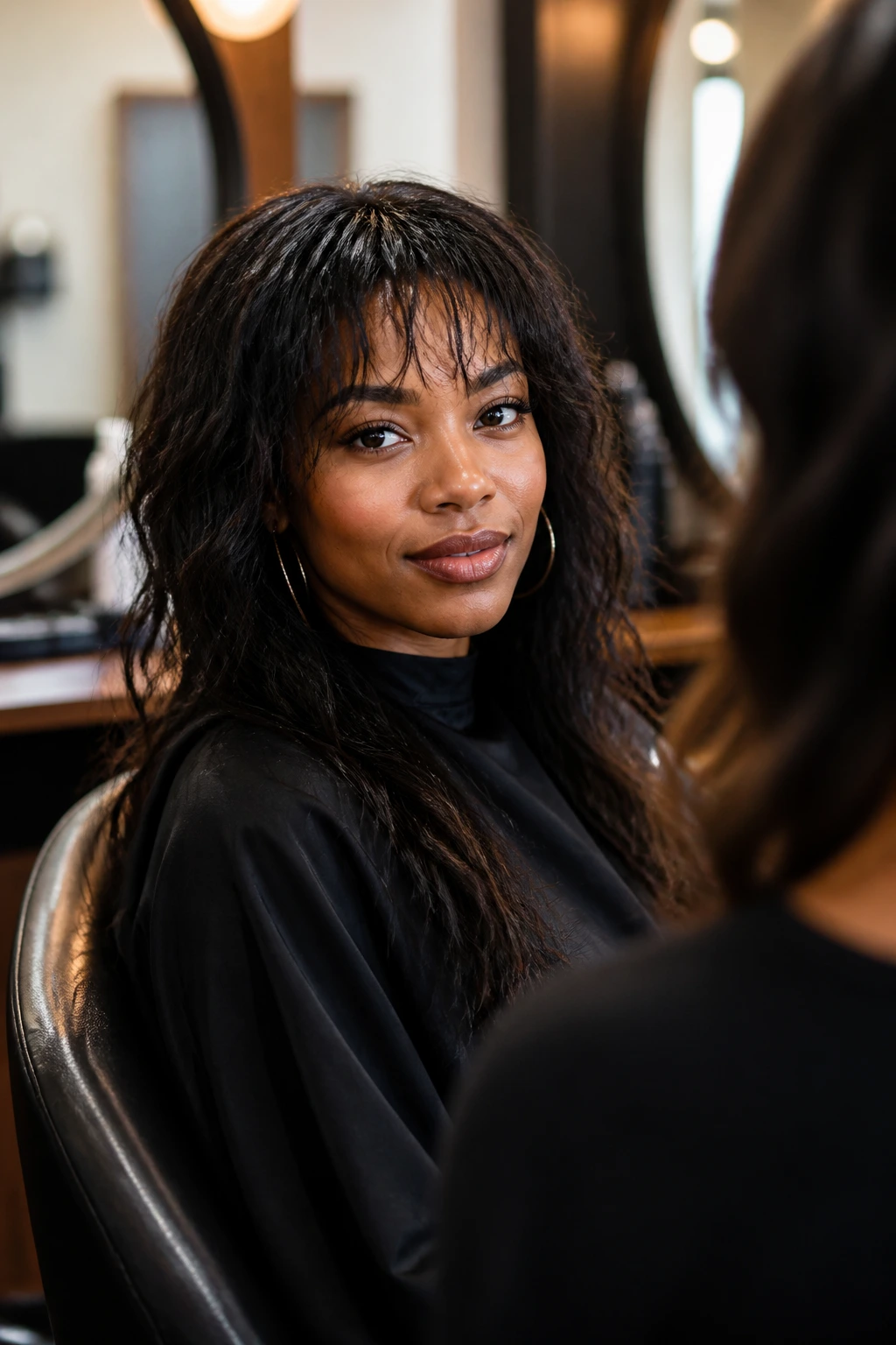 Portrait of a real woman in a salon chair discussing her haircut