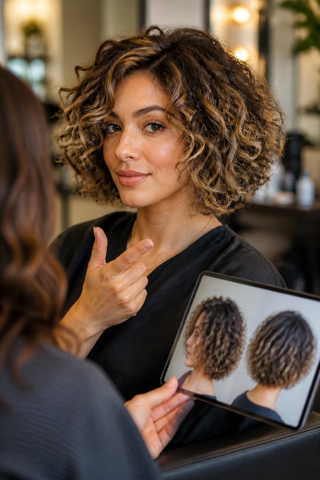 Portrait of a client in a salon talking about haircut and color